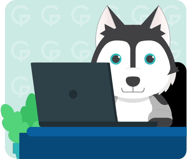 Gild Insurance Mascot using a laptop