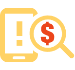 A magnifying glass and phone showing costs related to cyber breaches.