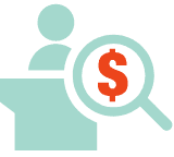 A magnifying glass and a person showing public relation costs.